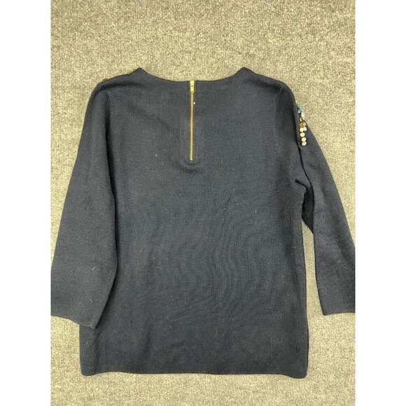 J. Crew Merino Wool Sweater Women's Small Navy Blue Beaded Jewell Pullover - Picture 5 of 6